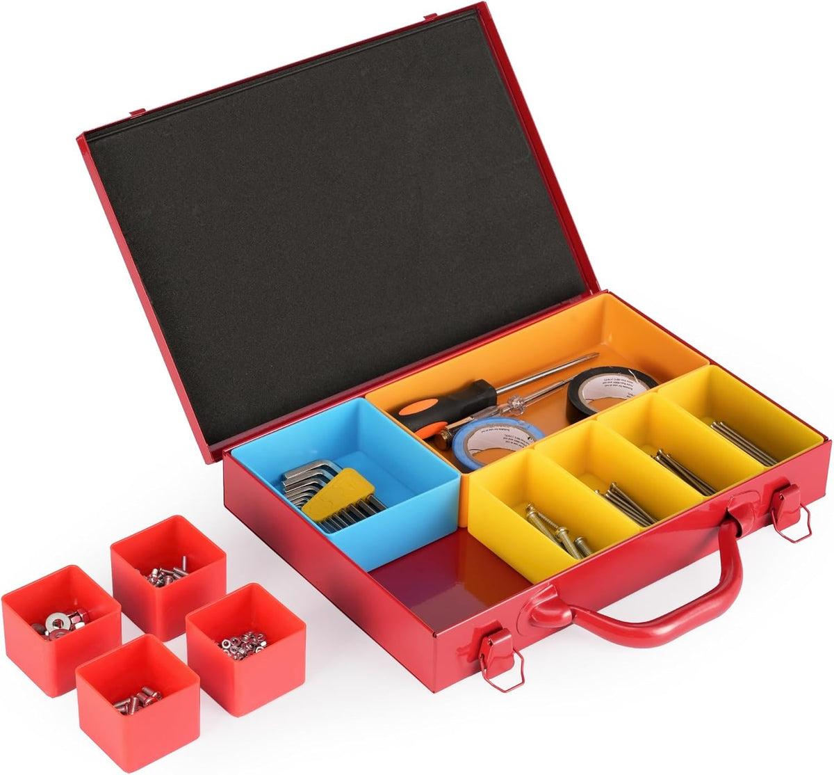 metal organizer box with 10 removable compartments, red, main product view