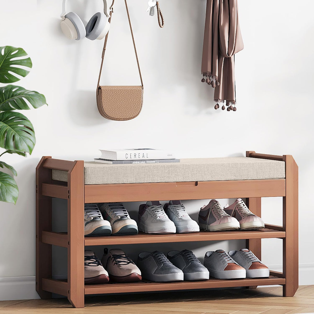 27.6" entryway shoe rack bench with cushion, 2-tier, main product view