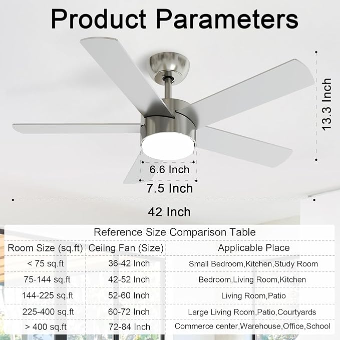 POCHFAN 42 Inch Brushed Nickel Ceiling Fans - Image 3