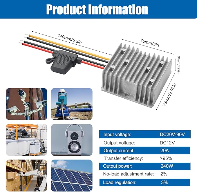 Yancincny 240W Dc-Dc Step Down to 12V Converter, DC 90V 72V 60V 48V 36V 24V to - Image 7