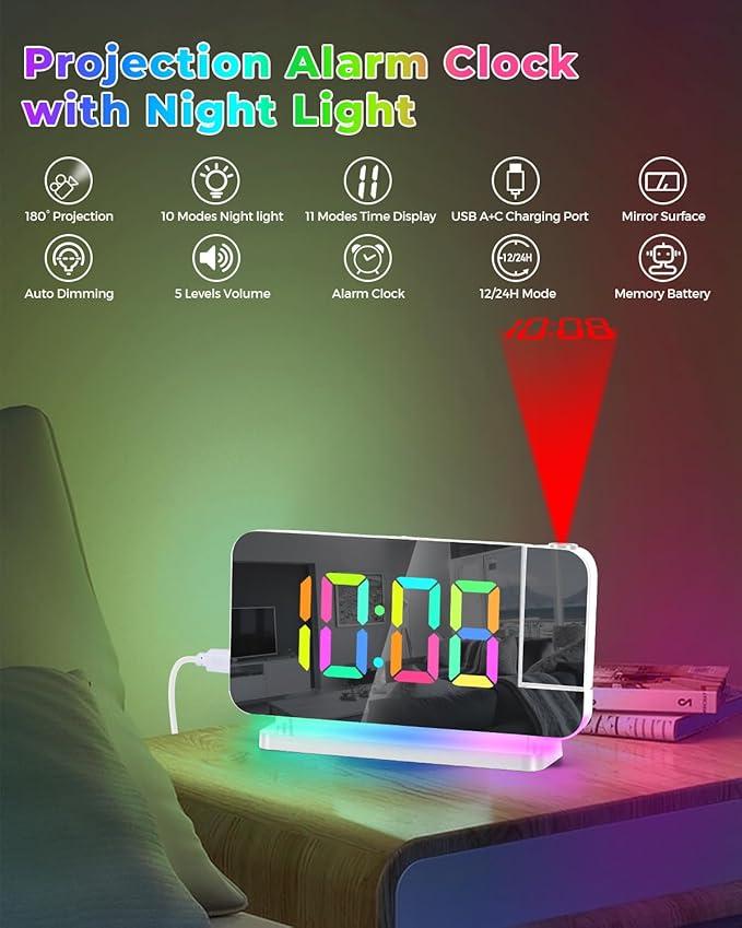 SZELAM Projection Alarm Clock, 7.4" LED Mirror Digital Clocks Large Display - Image 2