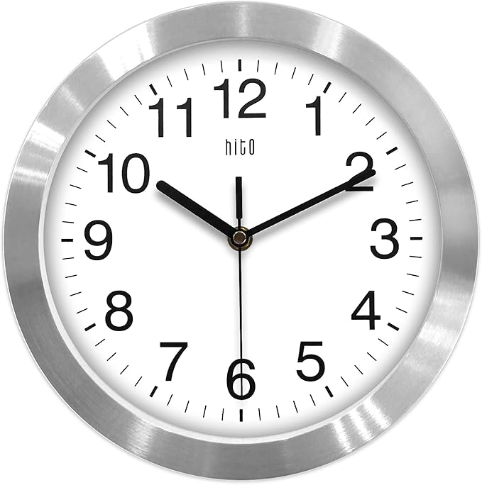 HITO 10 Inch Silent Wall Clock Battery Operated Non Ticking Glass Cover Silver - Image 8