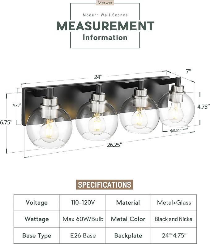 METWET Bathroom Light Fixtures, 4-Light Black and Brushed Nickel Bathroom - Image 4