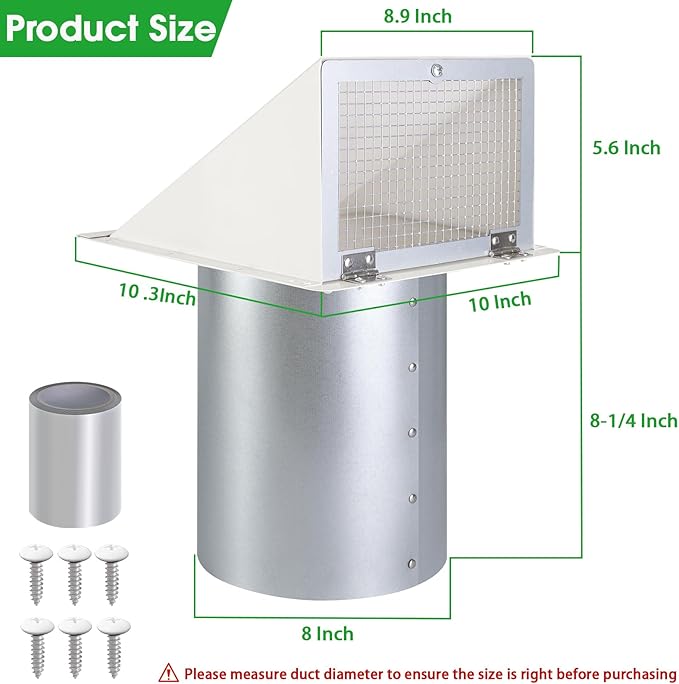 8 Inch Hooded Wall Vent with Screen and Damper, Outdoor Wall Exhaust Vent Cover - Image 2