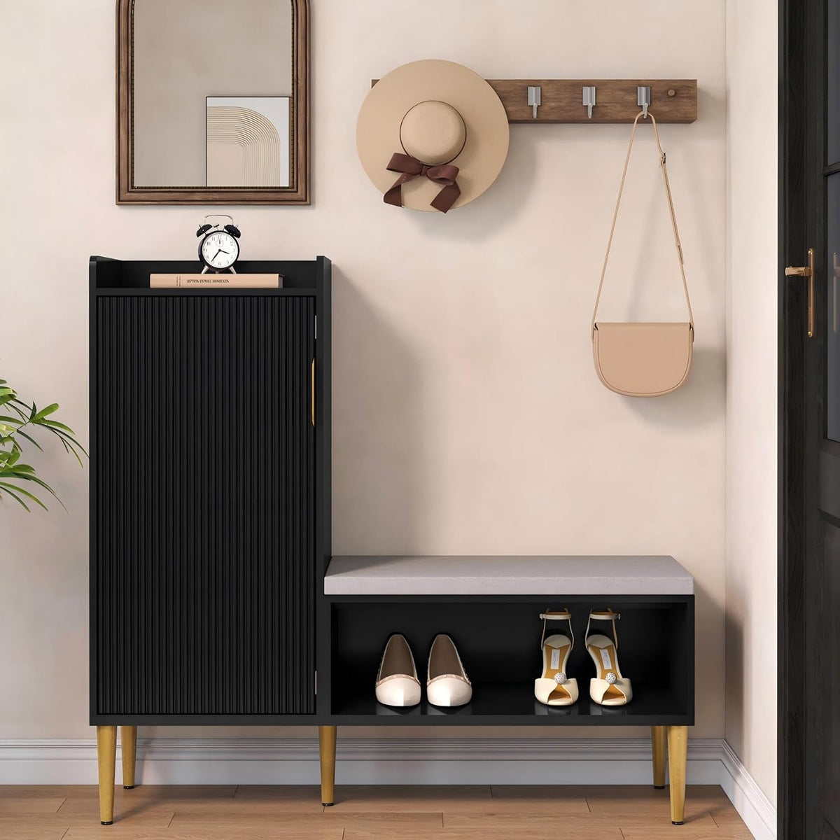 storage bench with fluted door&shelf, l-shaped entryway bench, main product view