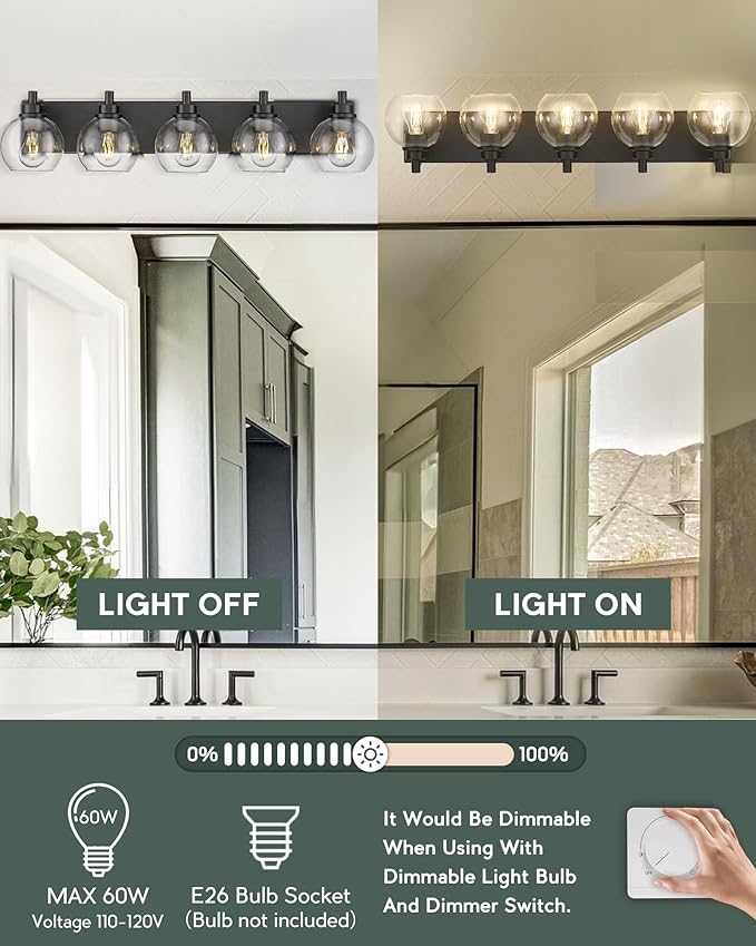 METWET Bathroom Light Fixtures, 5 Light Matte Black Vanity Light, 32 Inch - Image 2