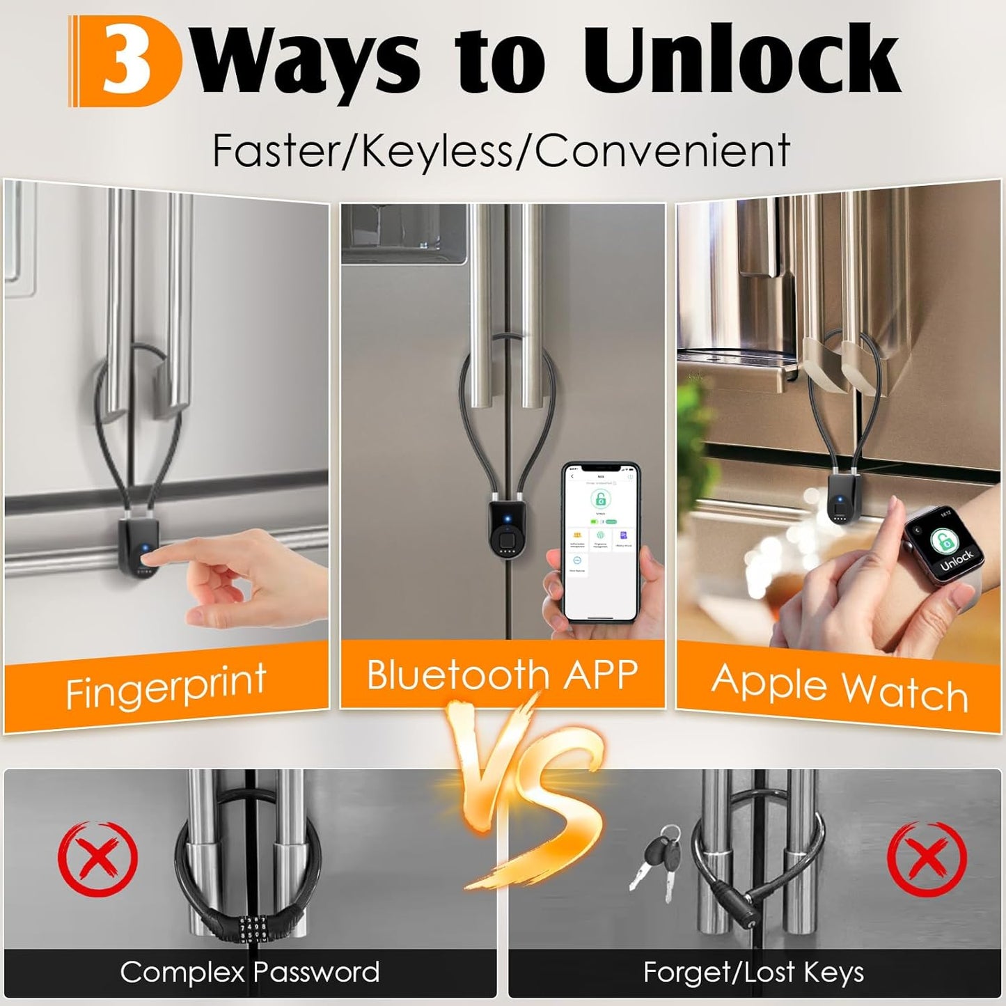 Fingerprint Fridge Lock,Child Proof Refrigerator Lock for Kids & Adults,Smart Cable Lock APP Control Waterproof Cabinet Lock for Fridge French Door Cabinet Gate Fence