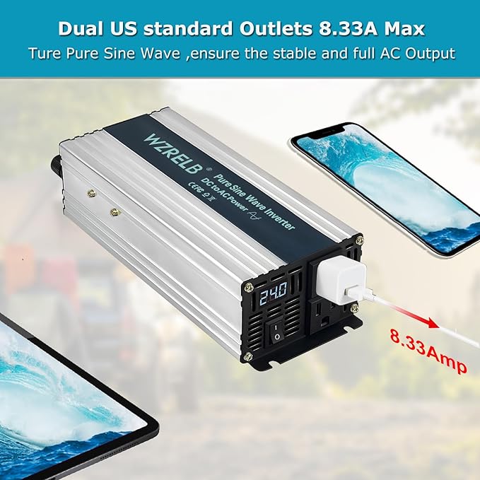 WZRELB 1000W Pure Sine Wave Inverter 24V DC to 110V 120V AC Power Converter - Image 4