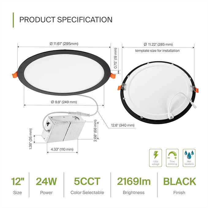 ASD 4 Pack 11/12 Inch LED Recessed Lighting 24W, 5 CCT 2700K-5000K CRI90+ - Image 2
