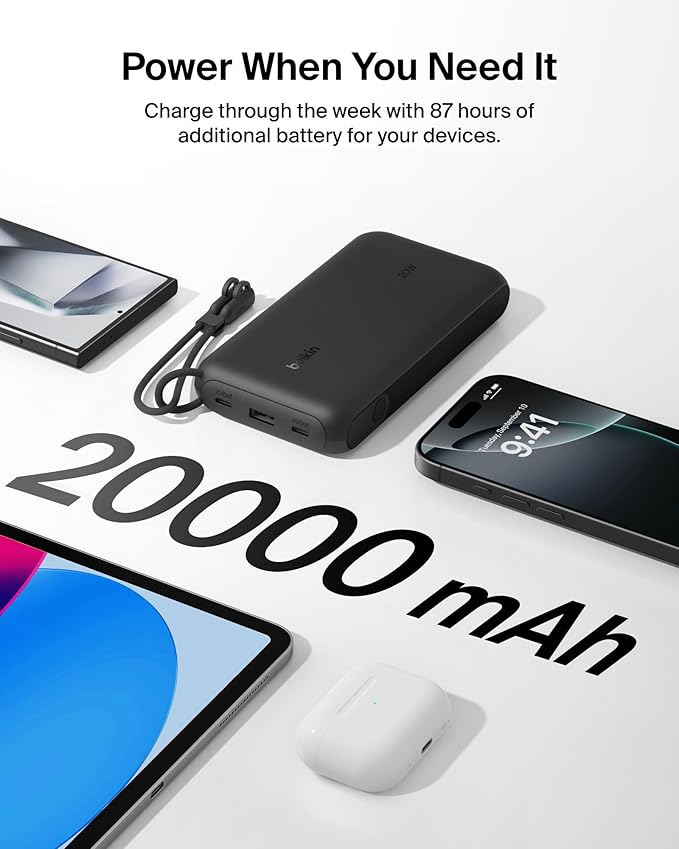 Belkin Portable Charger, USB-C Power Bank 20, 000mAh w/ 2X USB-C Ports & 1x A - Image 4