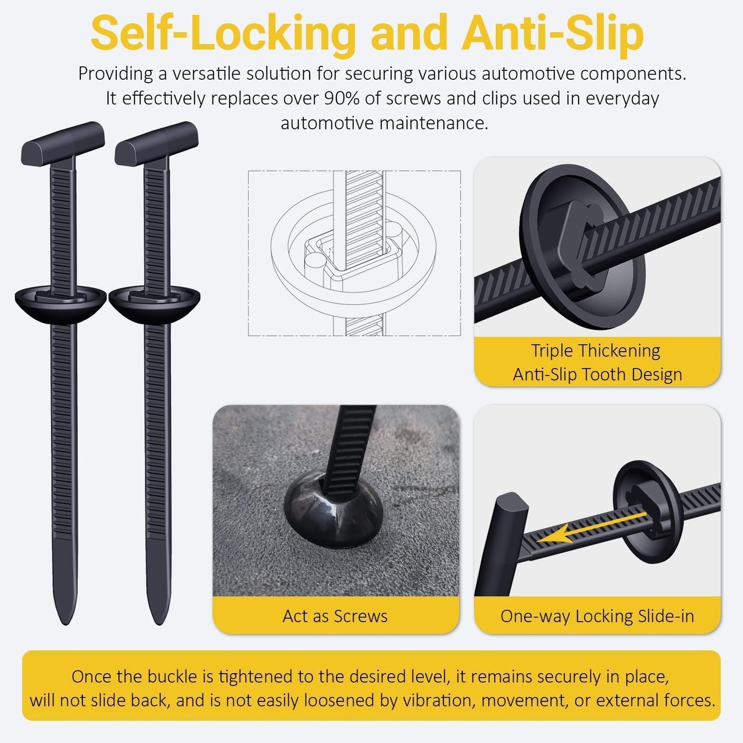 Upgraded Nylon Universal Cable Tie Buckles, Nylon Zip Ties Holders Kit, Automotive Zipper Clips Self-Locking T Rivet Zipties for Car Fender Trunk Bumper Repair, Home & Garage Patent Pending