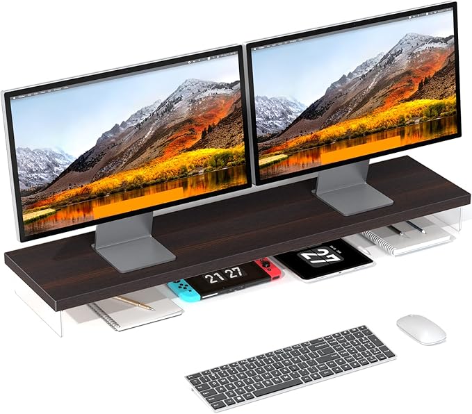 Dual Monitor Stand Riser, Wooden Desktop Organizer Shelf by Unknown