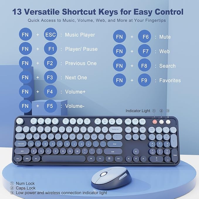 Nowlike Wireless Keyboard and Mouse Combo, Retro Typewriter Keyboard - Image 3
