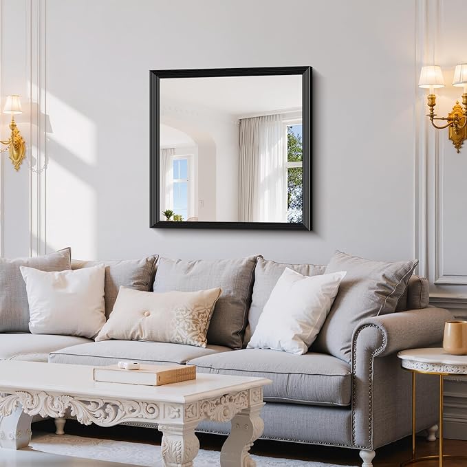 Black Bathroom Mirror 30 x 30 Inch Rectangle Wave Beveled - Image 2