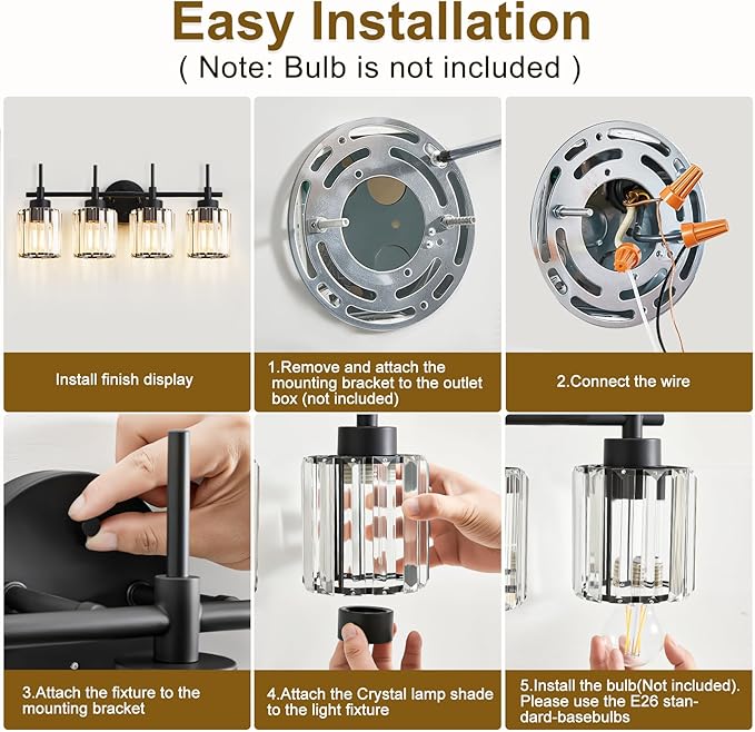 EJIAXIN 4 Light Round Crystal Vanity Lights, Modern Black Crystal Wall Light - Image 3