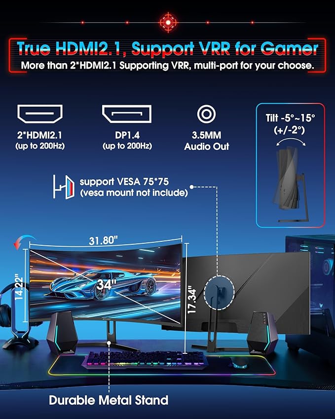 SANSUI 34 Inch UWQHD 200HZ Curved Gaming Monitor, FastVA 3440x1440P Ultrawide - Image 9