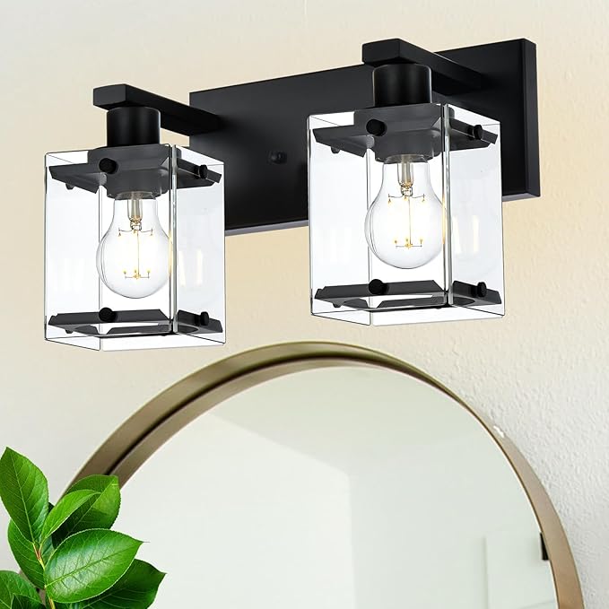 WINSHEN Black 2-Light Wall Sconce Bathroom Light Fixture, Rectangular Clear by WINSHENLighting