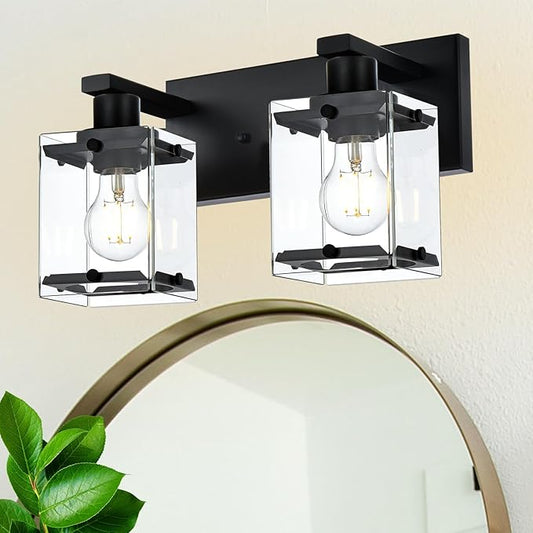 WINSHEN Black 2-Light Wall Sconce Bathroom Light Fixture, Rectangular Clear by WINSHENLighting