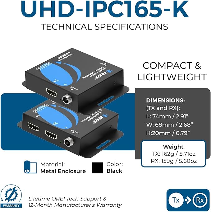 OREI 4K HDMI Extender Balun UltraHD 4K @ 60Hz 4:4:4 Over Single CAT6/7 Cable - Image 5
