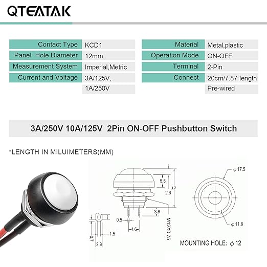 QTEATAK 1/2" Pre-Wired Mounting Hole On/Off White Mini Round Waterproof - Image 5