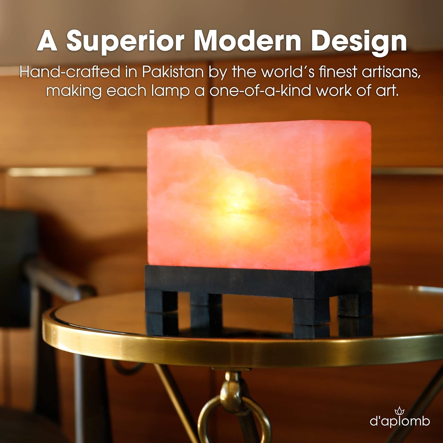 d'aplomb Natural Himalayan Salt Lamp;Hand-Carved Modern Rectangle Rare Pink | 100% Authentic Crystal Rock Salt from The Himalayan Mountain; Footed Wood Base, Dimmer Cord; 11.5 lbs