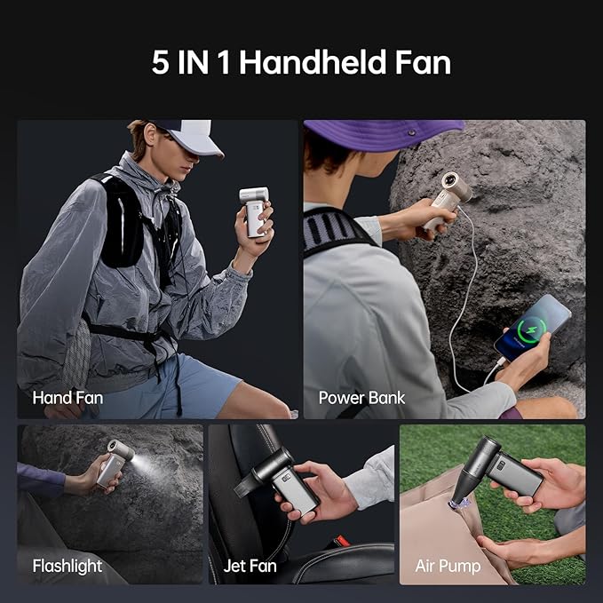 JISULIFE Portable Handheld Fan Ultra2, 9000mAh Max 25 Hrs, 5 IN 1, 100 Speed - Image 2