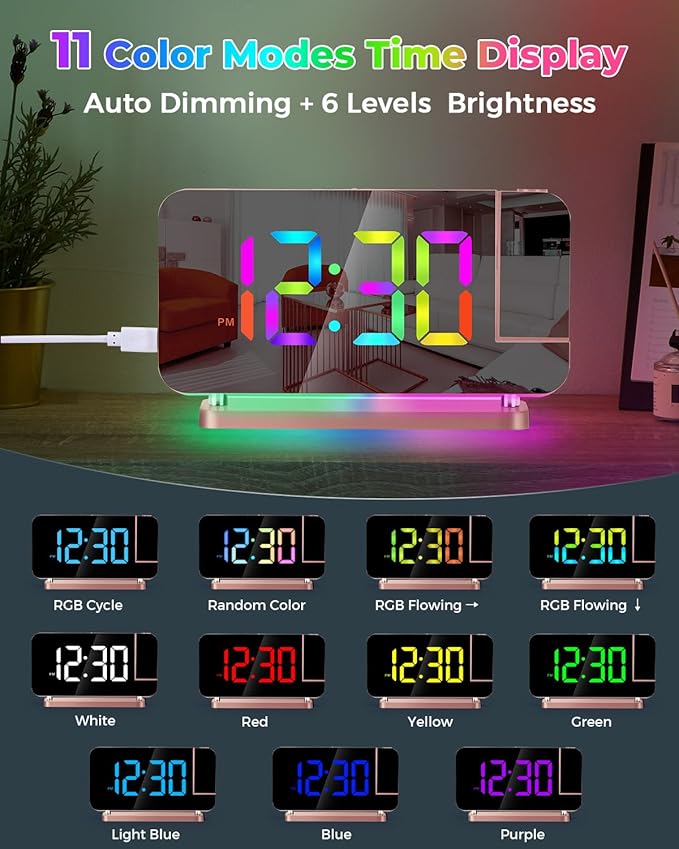 SZELAM Projection Alarm Clock, 7.4 in LED Mirror Digital Clocks Projection on - Image 5