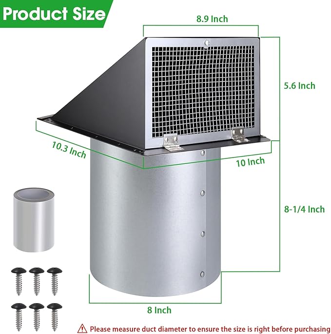 8 inch Hooded Wall Vent with Screen and Damper, Wall Vent Cover Exhaust Vent - Image 2