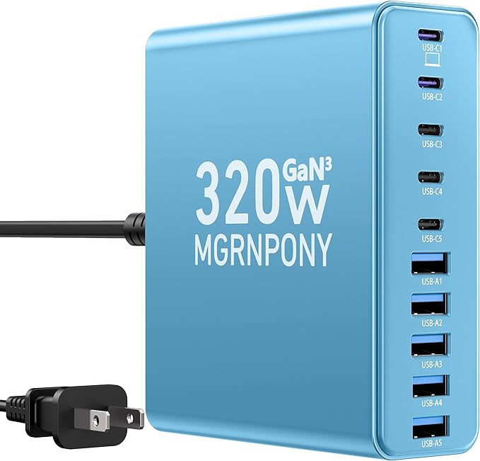 320W USB C Charger Block, 10-Port USB C Charging Station GaN III PD 65W PC by MGRNPONY