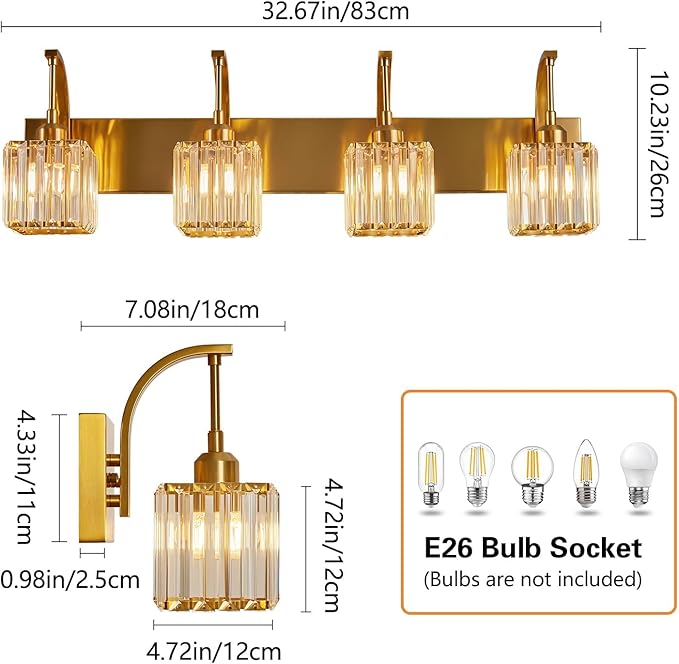 FDPBY Crystal Vanity Lights 4-Light Gold Bathroom Vanity Lights Modern Crystal - Image 4