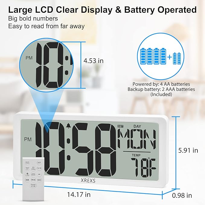 XREXS Digital Wall Clock with Backlight, 14.17 Inch Large Wall Clock with - Image 5