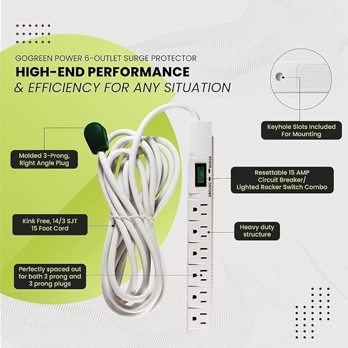 GoGreen Power Inc. 6 Outlet Surge Protector, 15FT Cord, 2 Pack - Image 4