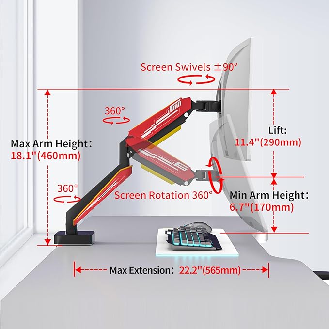 Heavy Duty Monitor Arm for Ultrawide Screen up to 49 inches, 44 lbs, Gas Spring - Image 3