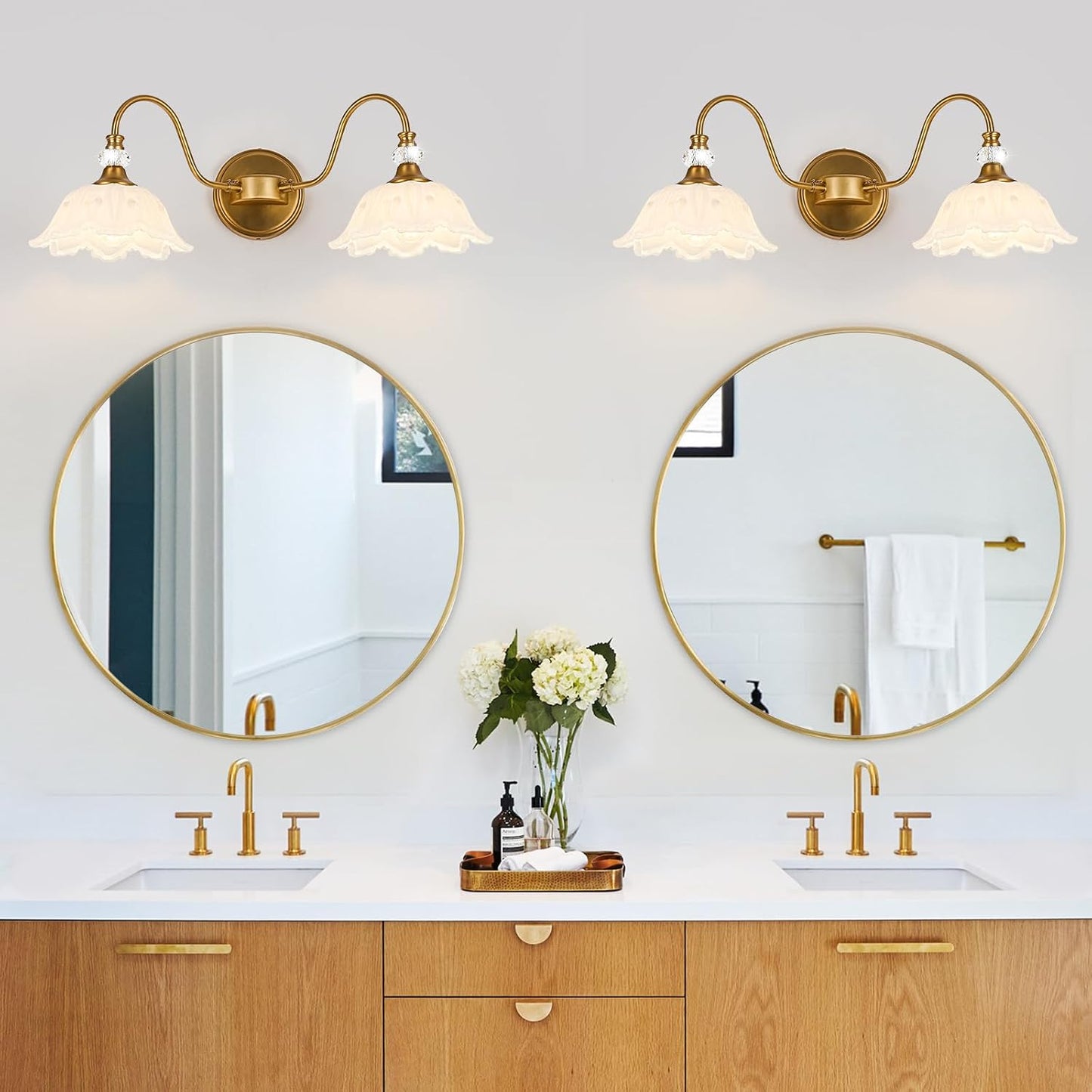 Vintage Bathroom Vanity Light, 2-Light Matte Brass Finish Vanity Light with Floral White Glass Shades, Retro Wall Sconce for Bathroom, Dressing Table