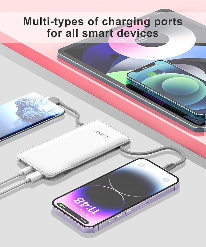 TG90° 10000mAh Power Bank Built-in Cables, Pocket Size USB C Portable Charger - Image 3