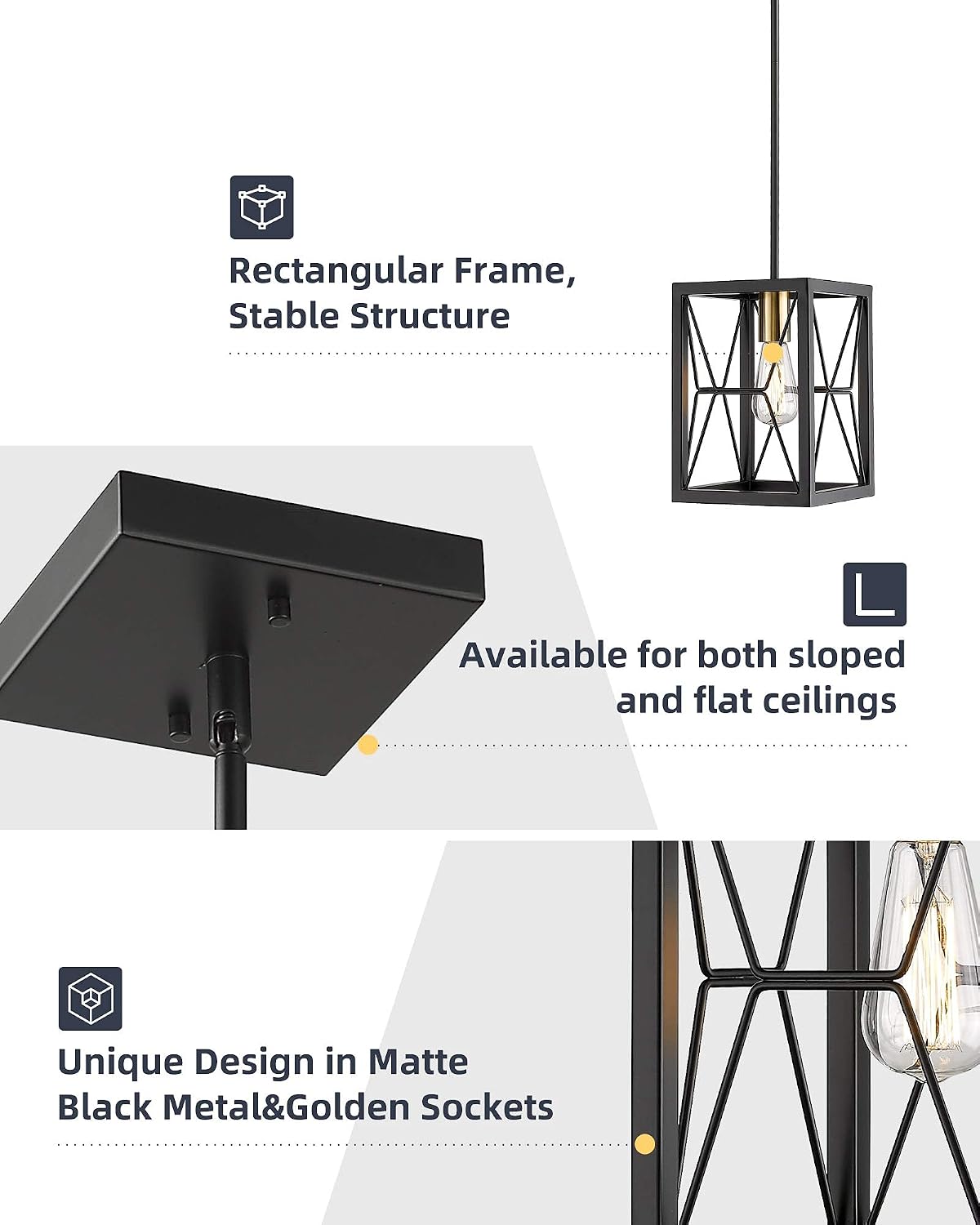 EAPUDUN Adjustable Farmhouse Pendant Lantern Light, 1-Light Hanging Lantern with Matte Black Finish & Gold Socket, Rustic Industrial Ceiling Light for Kitchen Island, Dining Room, Foyer, Hallway