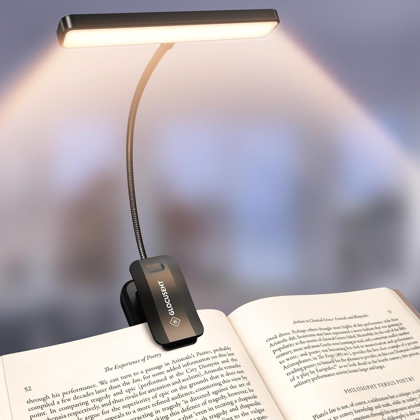 Glocusent 26 LED Reading Lights for Books in Bed, Ideal Gifts for Reader | Rechargeable Book Light, Eye Caring 5 Amber Colors Stepless Dimming, Travel Lightweight Clip-on, Book Lovers Men Women Kids