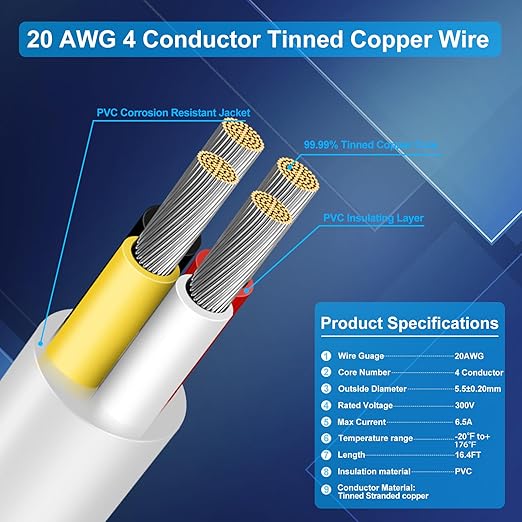 20 Gauge 4 Conductor Electrical Wire, 16.4 FT Low Voltage 20/4 Tinned Copper - Image 3