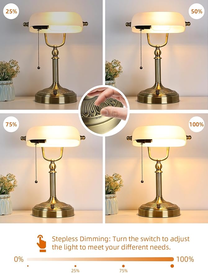 Newrays White Matted Glass Bankers Desk Lamp, Stepless Dimmable Table Lamp Plug - Image 6