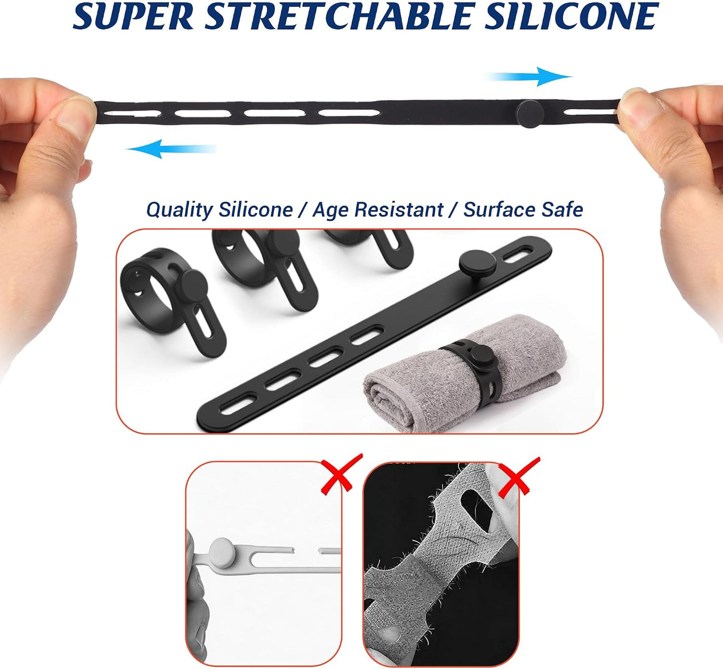 24 Pack Silicone Cable Ties, Cord Wrap for Home Office Travel Organizer | reusable, durable, adjustable, waterproof, elastic wire straps, multipurpose desk organization charger cord management holder