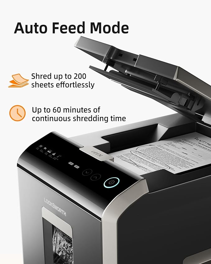 Locksworth Heavy Duty Micro-Cut Paper Shredder: 200-Sheet Auto Feed/10-Sheet - Image 2