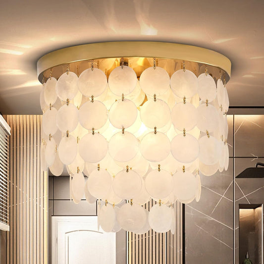 Capiz Shell Chandelier with 3 Tier Shell H12.3'' x D13.8'' Gold Metal Light Fixtures Flush Mount Chandeliers Modern Lighting Fixture for Bedroom Bathroom Office,(More Additional Shell Parts Included)