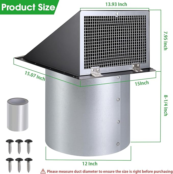 12 Inch Wall Vent Hood Exhaust Vent Cap Dryer Vent Cover, Exterior Hooded Wall - Image 2