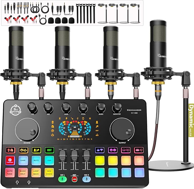 Podcast Equipment Bundle for 4, Audio Interface by Hayner-Seek
