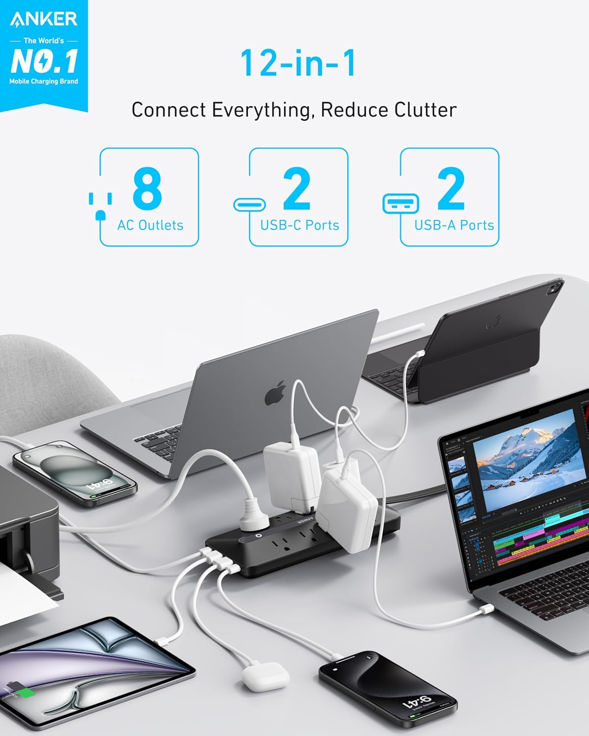 Anker Power Strip, 900J Surge Protector, 35W Max | Flat Plug Extension Cord with Multiple Outlets, 8 AC, 2 USB A, 2 USB C, 5ft Outlet Extender, Dorm Room Essentials,Home Office
