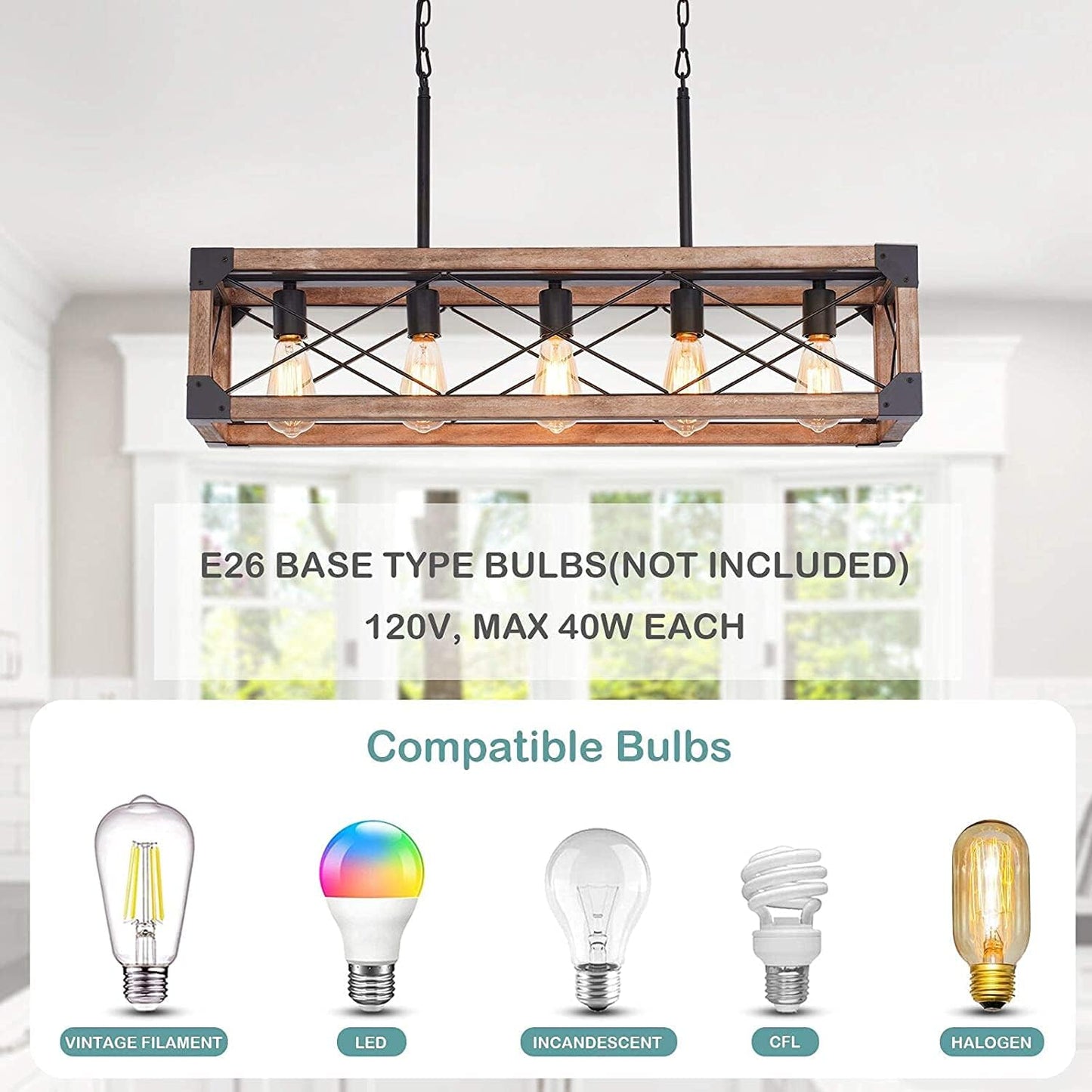 Kitchen Island Lighting, 33.5-Inch 5 Lights Farmhouse Linear Chandelier for Dining Room Pool Table Pendant Light Fixture, Rustic Wood Grain Finish, Industrial Pendant Light