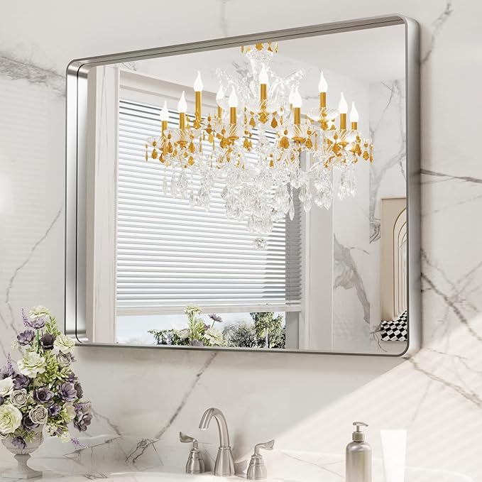 LOAAO 40X32 Inch Brushed Nickel Bathroom Mirror, Rounded Rectangle Silver Metal - Image 8