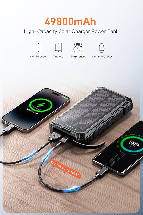 jskei Power Bank 49800mAh Solar Portable Charger Wireless Charging USB-C 15W - Image 2