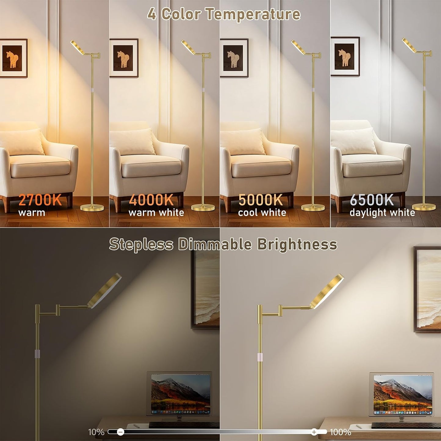 LED Floor Lamp, 18W Bright Standing Lamp with Remote Control, Adjustable Height, 350°Swing Arms, Modern Dimmable Coner Floor lamp for Reading, Sewing and Crafts, Gold