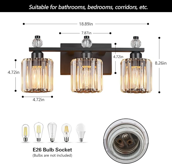 FDPBY Bathroom Vanity Lights 3-Light Sand Black Modern Crystal Vanity Light - Image 5